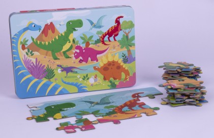 Apli Kids Dinosaur Puzzle - 48 Pezzi da 5,5x6 cm - Scatola Rettangolare in Metallo - Design Esclusivo per Bambini, Colorato, Chiaro e Semplice - Pezzi Resistenti e Sicuri - Spessore 2 mm con Finitura Lucida e Indiana sul Retro