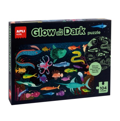 Apli Kids Puzzle Fluorescente "Glow In The Dark" Tema Oceano - 104 Pezzi 5x5 cm - Dimensioni 64,5x41,5 cm - Include Poster - Design Colorato e per Bambini - Cartone 2mm - Sviluppa Abilit&agrave; - Colorato