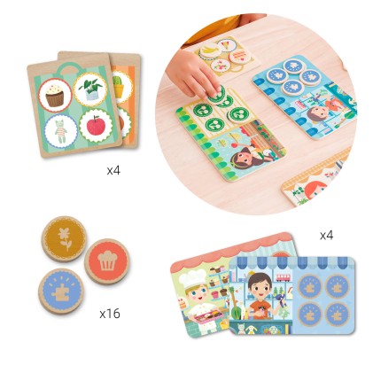 Apli Memo Wooden Loto - Gioco di Memoria e Deduzione - Tavole di Legno 15,5x9,5 cm - Chip di Legno &Oslash; 3,2 cm - Borse per la Spesa in Legno 8,5x7,5 cm - Colore Naturale