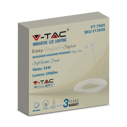 V-TAC Lampadario LED a Sospensione Circolare 38W con Telecomando Cambio Colore 3 in 1 Corpo Bianco d: 60cm h:200cm Dimmerabile