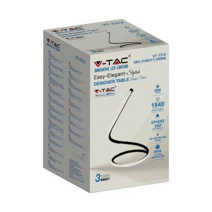 V-TAC Lampada LED da Tavolo 12W Cavo di Alimentazione e Interruttore con Presa EU Colore Nero 3000K