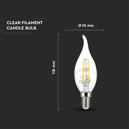 V-TAC Lampadina LED E14 4W 100LM/W Candela a Fiamma Filamento 3000K