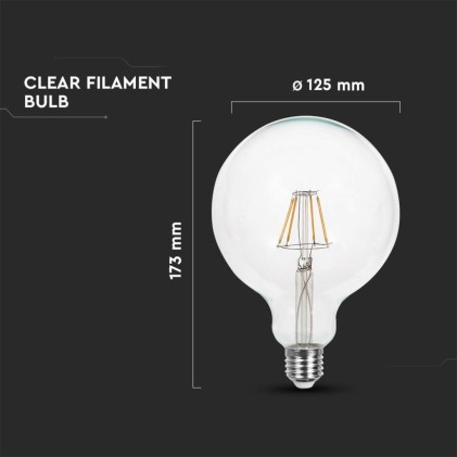 V-TAC Lampadina LED E27 6W G125 Filamento Colore Trasparente 3000K