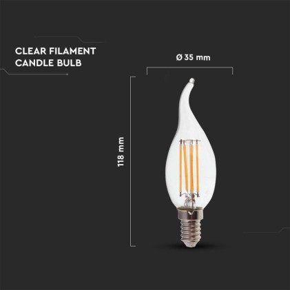 V-TAC Lampadina LED E14 4W Candela a Fiamma Filamento 6500K
