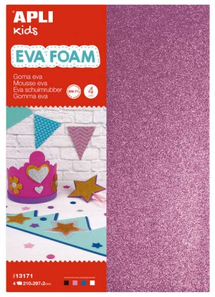Apli Goma Eva Glitter A4 4 fogli - Bianco, Nero, Rosso e Blu - Ideale per artigianato e decorazione