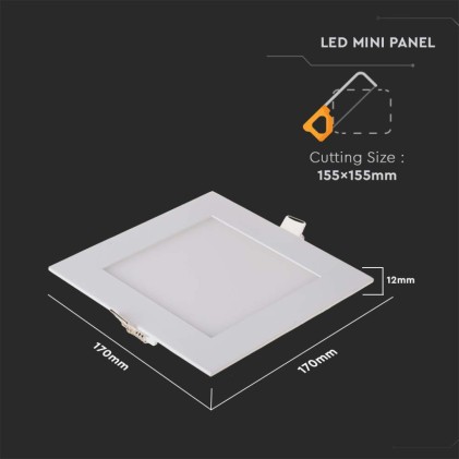 V-TAC Mini Pannello LED 12W Montaggio ad Incasso Quadrato 4000K