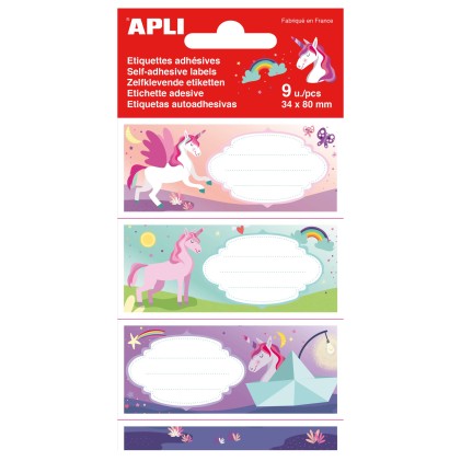 Apli Etichette Adesive Scuola Unicorno - Dimensione 81x36mm - 9 Etichette (3 per Disegno) - Adesivo Permanente di Alta Qualit&agrave; - Ideale per Contrassegnare e Identificare Libri, Quaderni, Cartelle, Ecc - Colore Multicolore