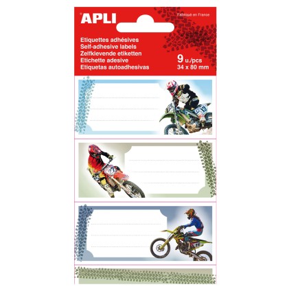 Apli Etichette Adesive Scuola Moto - Dimensione 81x36mm - 9 Etichette (3 per Disegno) - Adesivo Permanente di Alta Qualit&agrave; - Colore Bianco