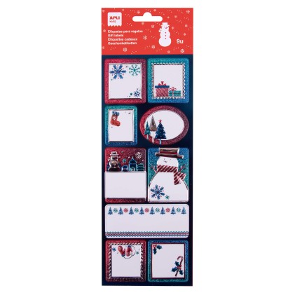 Apli Etichette Adesive Pupazzo di Neve - 9 Etichette Assortite con Finitura Glitter - Adesivo Permanente di Alta Qualit&agrave; - Tema Natalizio - Colore Bianco