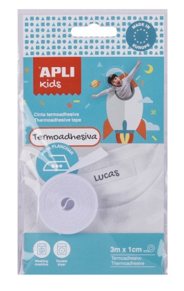 Apli Nastro Termoadesivo per Segnare Abiti - 10mmx3m - 70% Poliestere e 30% Cotone - Resistente a Lavatrice e Asciugatrice - Facile Utilizzo con una Comune Penna - Colore Bianco