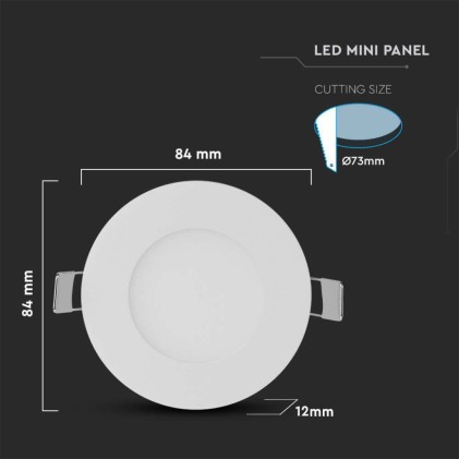 V-TAC Mini Pannello LED 3W Montaggio ad Incasso Rotondo Colore Bianco 4000K