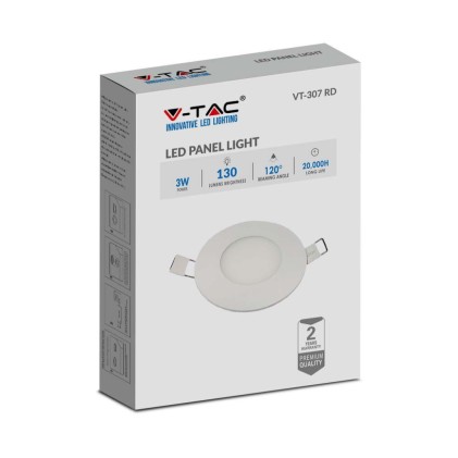 V-TAC Mini Pannello LED 3W Montaggio ad Incasso Rotondo Colore Bianco 6400K