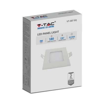 V-TAC Mini Pannello LED 3W Montaggio ad Incasso Quadrato Colore Bianco 2700K