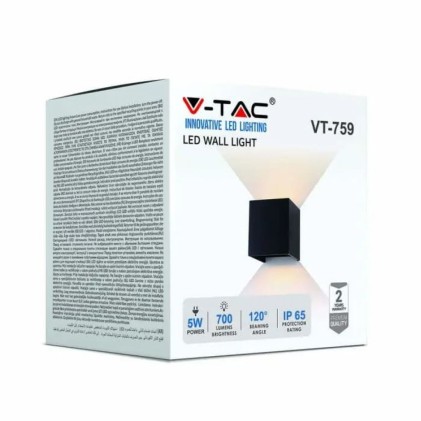 V-TAC Lampada LED da Muro Quadrata Doppio LED COB 5W 140LM/W Colore Nero Satinato Fascio Luminoso Regolabile 4000K IP65