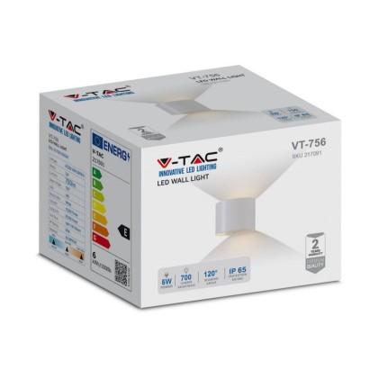 V-TAC Lampada LED da Muro Arrotondata Doppio LED COB 6W 110LM/W Colore Bianco Satinato Fascio Luminoso Regolabile 4000K IP65