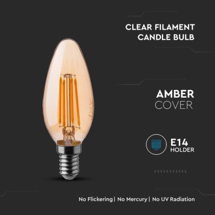 V-TAC Lampadina LED E14 4W Candela Filamento Ambrato 2200K