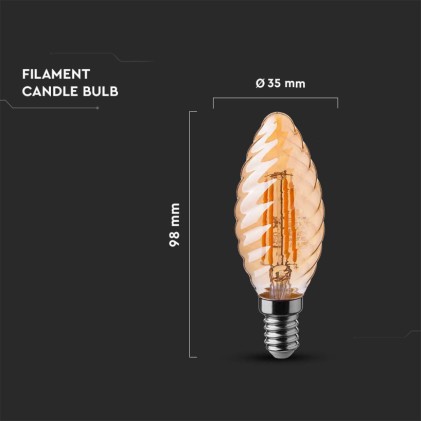 V-TAC Lampadina LED E14 4W Candela Tortiglione Filamento Ambrato 2200K