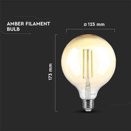 V-TAC Lampadina LED E27 8W G125 Filamento Ambrato 2200K Dimmerabile