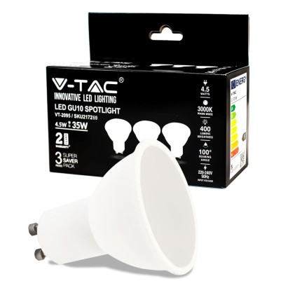 V-TAC Faretto LED GU10 SMD 4,5W 100&deg; Copertura Satinata 3000K (Box 3 Pezzi)