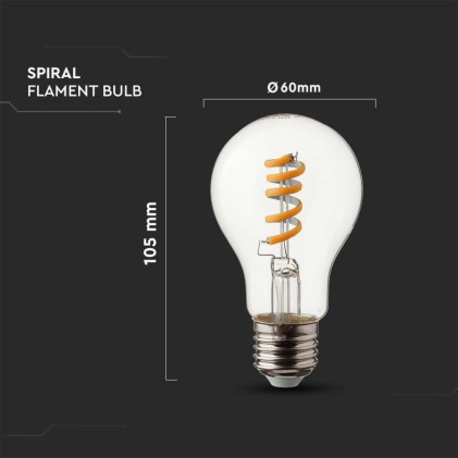 V-TAC Lampadina LED E27 4W 100LM/W A60 Filamento a Spirale 3000K