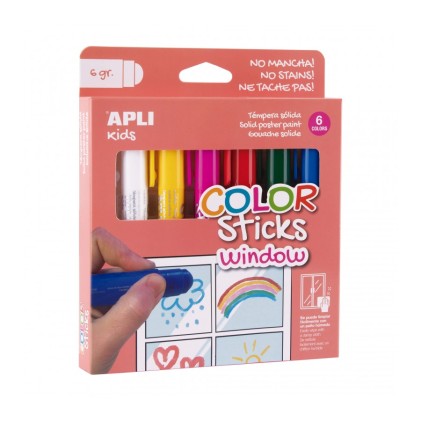 Apli Kids Color Sticks Window Pack 6 Tempere Solide 6gr - Speciali per Disegnare e Dipingere su Vetro - Facile Pulizia - Colori Assortiti