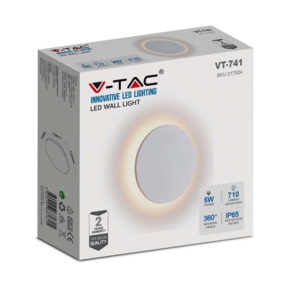 V-TAC Lampada LED da Muro Rotonda 5W 110LM/W Colore Bianco 3000K IP65