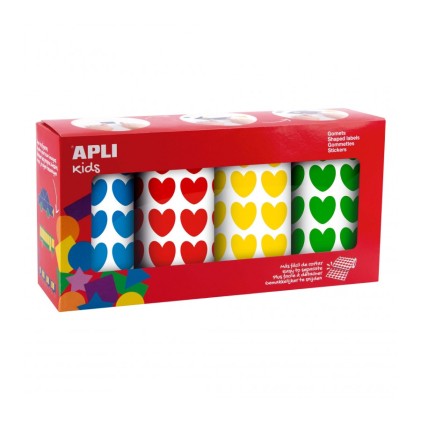 Apli Kids Confezione da 4 Rotoli Adesivi Cuore - 7.080 Adesivi in ​​Totale - Adesivo a Base Acqua - Senza Solventi - Materiali 100% Riciclabili - Colori Rosso, Giallo, Blu e Verde