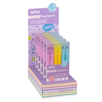 Apli Evidenziatore Cancellabile Espositore da 5 Confezioni da 6 Evidenziatori Cancellabili - Punta Smussata 4mm - Colori Assortiti