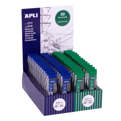Apli Espositore da 48 Astucci da 50 Mine per Portamine - Durezza 2B - 24 Astucci da 0,5mm e 24 Astucci da 0,7mm
