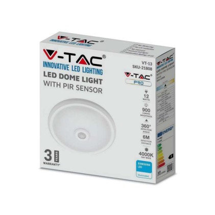V-TAC PRO Plafoniera LED Chip Samsung Rotonda 12W con Sensore PIR Colore Bianco 4000K