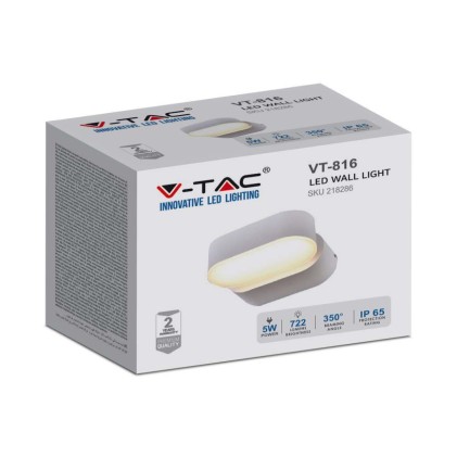 V-TAC Lampada LED da Muro Ovale 5W 110LM/W Colore Bianco con Testa Ruotabile 3000K IP65