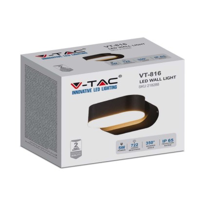 V-TAC Lampada LED da Muro Ovale 5W 110LM/W Colore Nero con Testa Ruotabile 3000K IP65