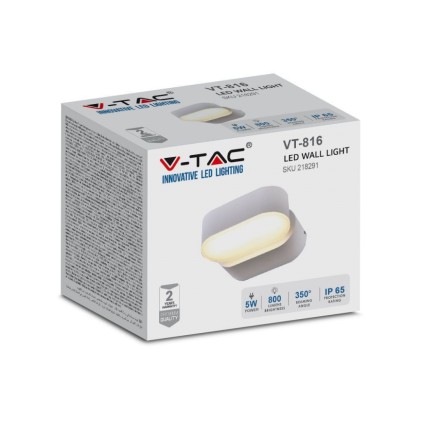 V-TAC Lampada LED da Muro Ovale 5W 160LM/W Colore Grigio con Testa Ruotabile 4000K IP65