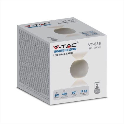 V-TAC Lampada LED da Muro Sferica 4W Doppio Fascio Luminoso Colore Bianco 3000K IP65