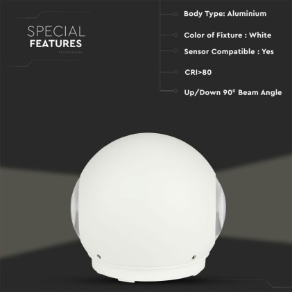 V-TAC Lampada LED da Muro Sferica 6W Doppio Fascio Luminoso Colore Bianco 4000K IP65