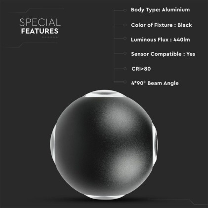 V-TAC Lampada LED da Muro Sferica 4 LED COB 4W Colore Nero 4000K IP65