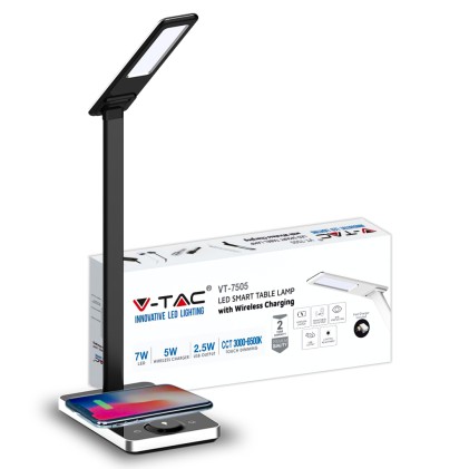 V-TAC Lampada LED da Tavolo Quadrata 7W Multifunzione 3 in 1 con Caricatore Wireless Colore Nero