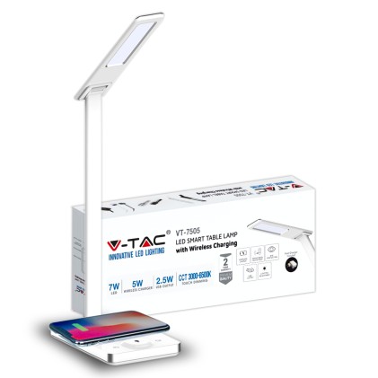 V-TAC Lampada LED da Tavolo 5W Quadrata 3 in 1 con Pad di Ricarica Incluso Trasformatore Carica Veloce 3.0A Colore Bianco