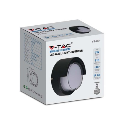 V-TAC Lampada LED da Muro Rotonda 7W con Diffusore Semicoperto Colore Nero 3000K IP65