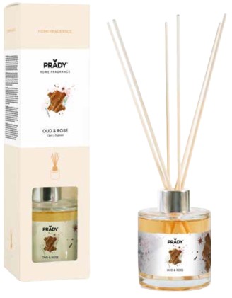 Prady Premium Oud & Rose Deodorante per ambienti - Flacone in vetro da 130 ml e bacchette diffusore