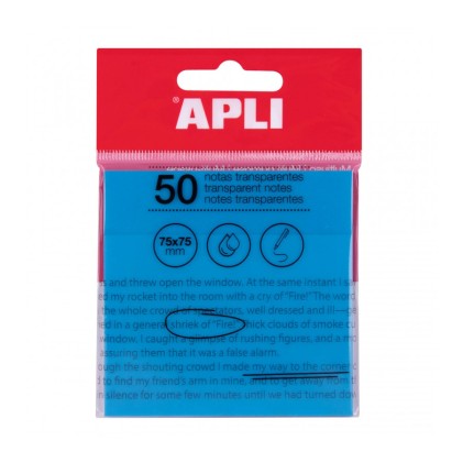 Blocco note adesive trasparenti Apli 50 fogli 75x75mm - Per annotare senza perdere la visibilit&agrave; del testo o dell'immagine - Resistente all'acqua - Colore blu
