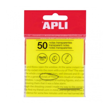Blocco note adesive trasparenti Apli 50 fogli 75x75mm - Per annotare senza perdere la visibilit&agrave; del testo o dell'immagine - Resistente all'acqua - Colore giallo