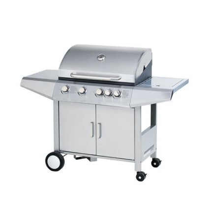 Barbecue a Gas Muvip in Acciaio Inox 5 Fuochi - Struttura in Acciaio Inox - 4 Bruciatori Centrali + 1 Fornello Laterale - Griglie Smaltate - Vassoio Laterale - Maniglia Cold Touch - Ruote per il Trasporto - Colore Silver
