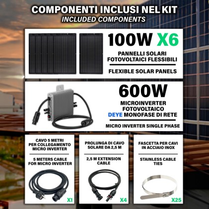 V-TAC KIT Fotovoltaico da Balcone 600W Plug and Play con 6 Pannelli Fotovoltaici 100W Flessibili, 4 Prolunghe di Cavo Solare 2,5m, Microinverter 600W, Cavo AC 5m e Fascette di Fissaggio