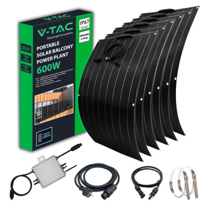 V-TAC KIT Fotovoltaico da Balcone 600W Plug and Play con 6 Pannelli Fotovoltaici 100W Flessibili, 4 Prolunghe di Cavo Solare 2,5m, Microinverter 600W, Cavo AC 5m e Fascette di Fissaggio