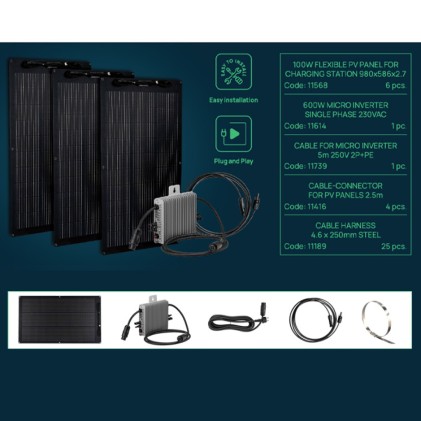 V-TAC KIT Fotovoltaico da Balcone 600W Plug and Play con 6 Pannelli Fotovoltaici 100W Flessibili, 4 Prolunghe di Cavo Solare 2,5m, Microinverter 600W, Cavo AC 5m e Fascette di Fissaggio