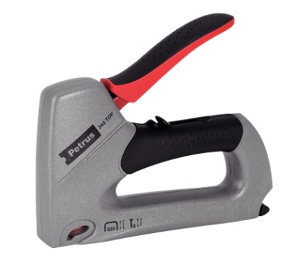 Petrus 295 Chiodatrice/cucitrice superiore in metallo - Per graffette da 530/6 a 14 mm e spilli da 8 a 15 mm - Regolazione potenza - Colore Grigio/Nero