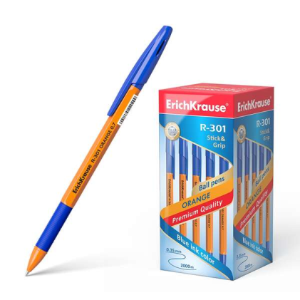 Penna a sfera Erichkrause R-301 Stick&Grip - Corpo esagonale arancione - Punta da 0,7 mm - Inchiostro ad asciugatura rapida - Blu