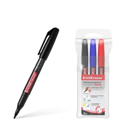 Erichkrause Confezione da 3 pennarelli permanenti P-70 - Punta tonda da 1,0 mm - Resistenti all'acqua e alla luce - Nero, Blu, Rosso (busta da 3 pezzi)