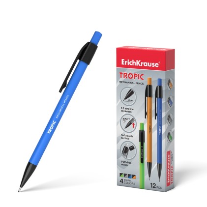 Portamine ErichKrause Tropic - Boccaglio retrattile e rivestimento morbido al tatto - Colori brillanti opachi - Con gomma e cappuccio - Comoda clip - Durezza HB - Mine da 0,5 mm - Colore nero